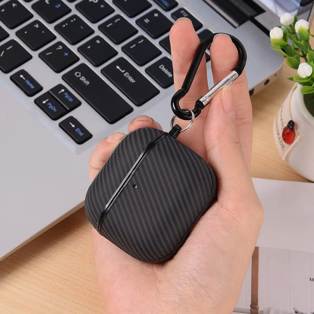 For AirPods 4 Case Carbon Fiber Texture TPU PU Earbuds Protective Cover with Hook - Black - 2