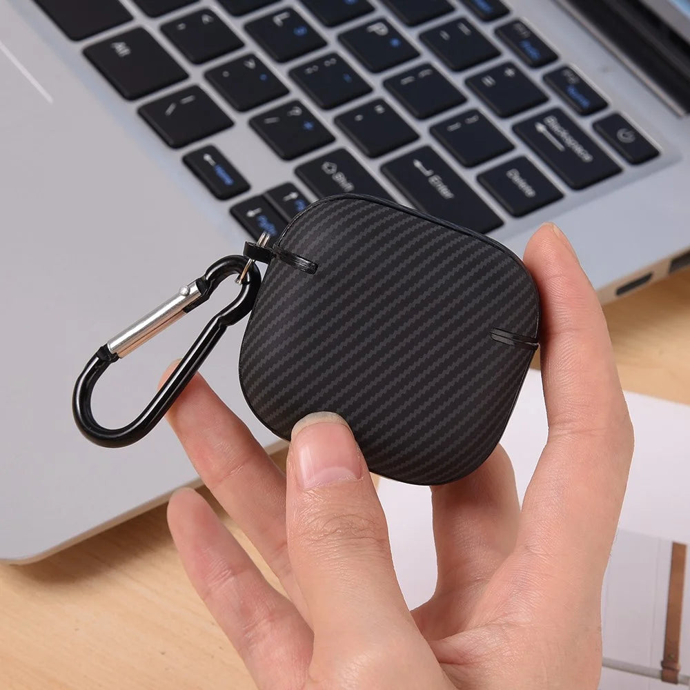 For AirPods 4 Case Carbon Fiber Texture TPU PU Earbuds Protective Cover with Hook - Black - 3
