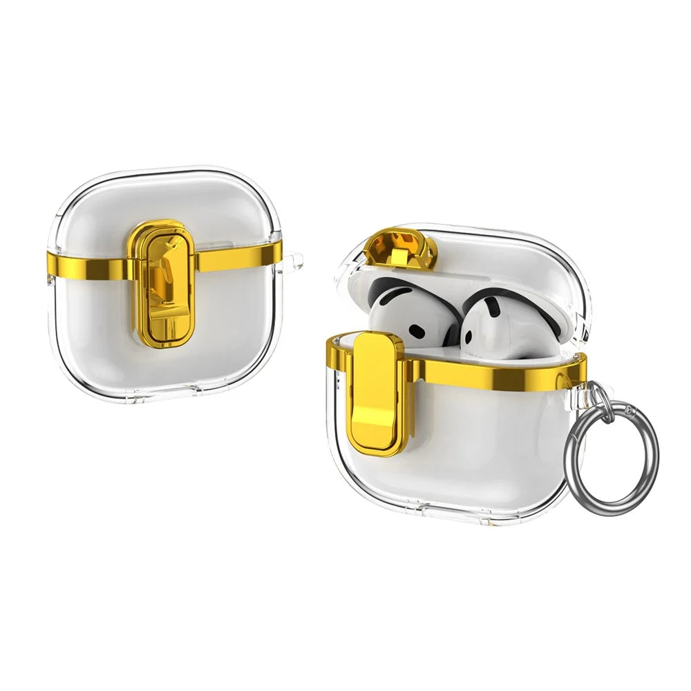For AirPods 4 Case with Lock Buckle TPU + PC Clear Electroplated Earphone Cover with Hook - Gold - 1