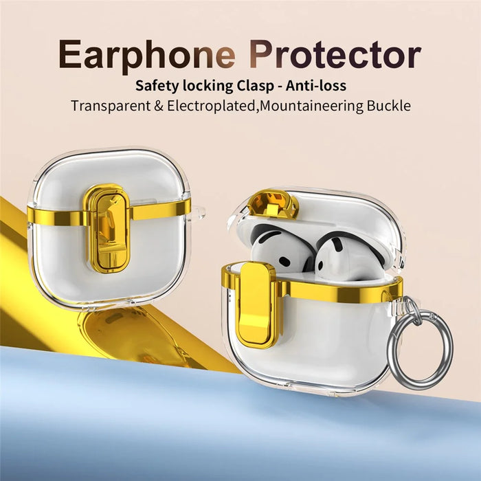 For AirPods 4 Case with Lock Buckle TPU + PC Clear Electroplated Earphone Cover with Hook - Gold - 2