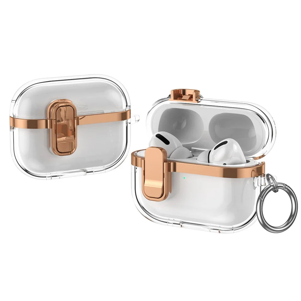 For Apple AirPods Pro Case with Lock Buckle TPU + PC Clear Electroplated Earphone Cover with Hook - Rose Gold - 1