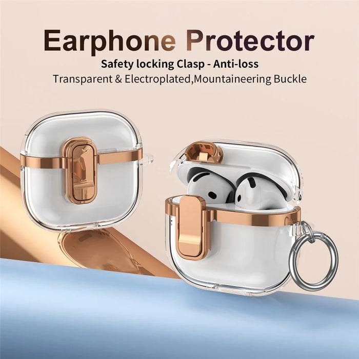 For Apple AirPods Pro Case with Lock Buckle TPU + PC Clear Electroplated Earphone Cover with Hook - Rose Gold - 2