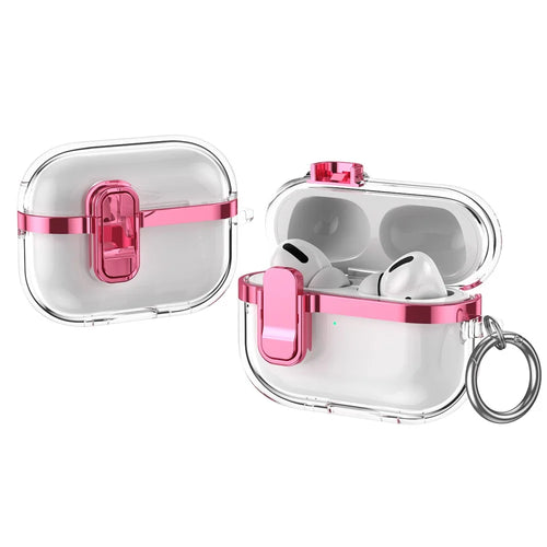 For AirPods Pro 2 Case with Lock Buckle TPU + PC Clear Electroplated Earphone Cover with Hook - Pink - 1