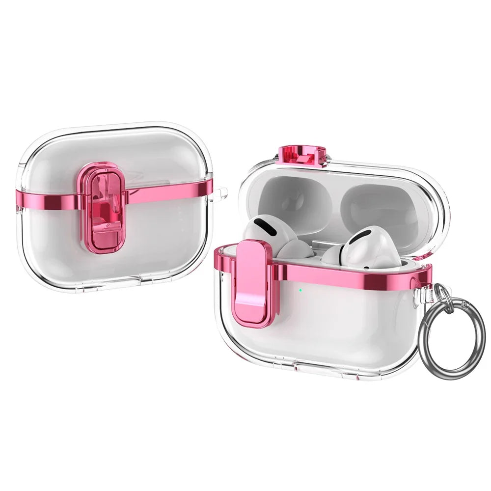 For AirPods Pro 2 Case with Lock Buckle TPU + PC Clear Electroplated Earphone Cover with Hook - Pink - 1