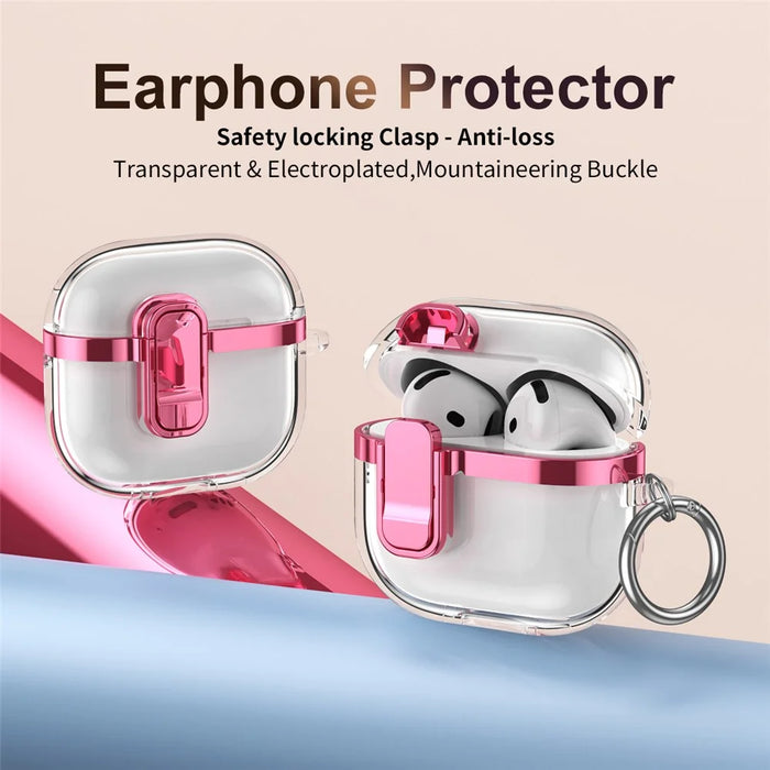 For AirPods Pro 2 Case with Lock Buckle TPU + PC Clear Electroplated Earphone Cover with Hook - Pink - 2