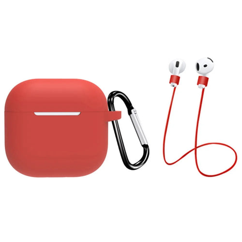For AirPods 4 Earbuds Silicone Case with Earphones Anti-Lost Strap and Carabiner - Red - 1