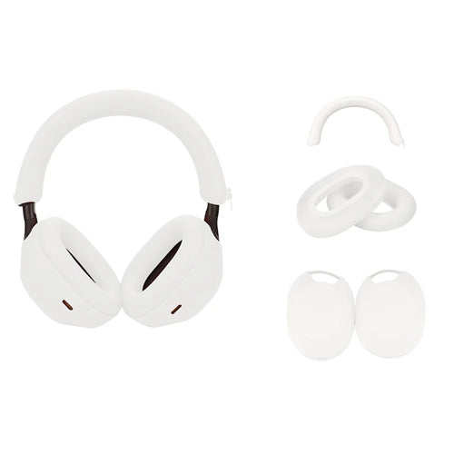 For Sony WH-1000XM5 Headphones Protection Set Headband Cover + Outer Earcup Cover + Earmuff Silicone Case - White - 1