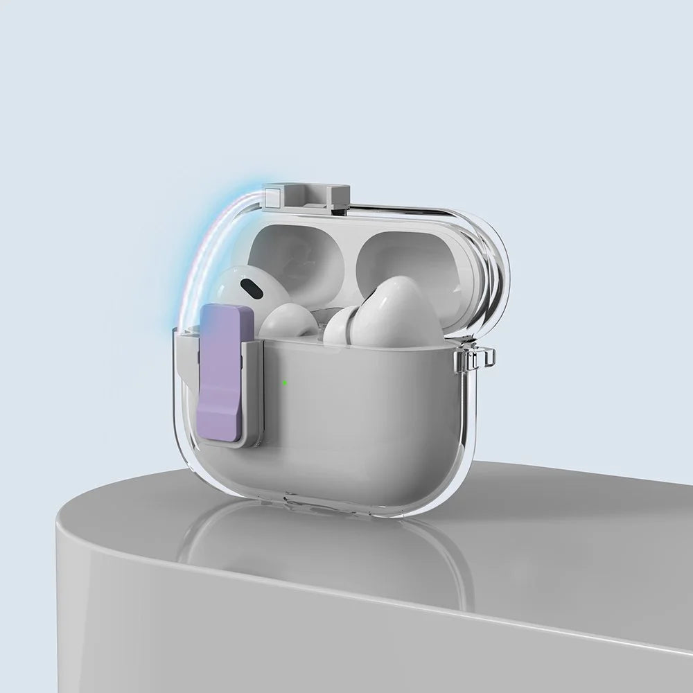 For Apple AirPods Pro Case Clear Crystal Automatic Switch TPU + PC Earphone Cover with Hook - Purple - 3