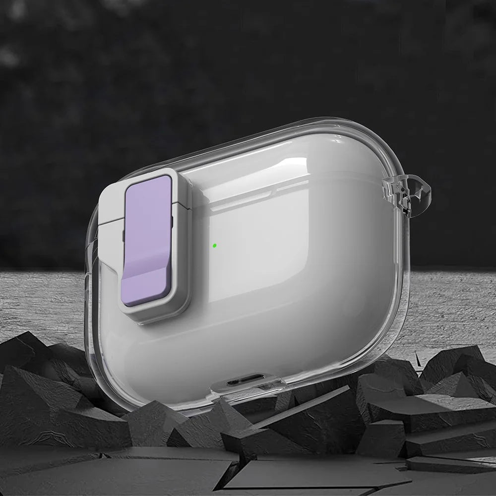 For Apple AirPods Pro Case Clear Crystal Automatic Switch TPU + PC Earphone Cover with Hook - Purple - 5