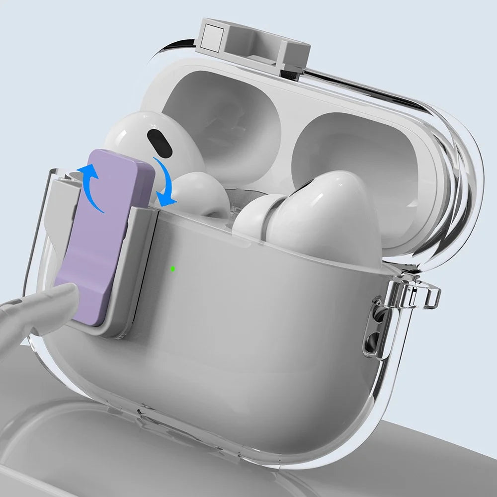 For AirPods Pro 2 Case Clear Crystal Automatic Switch TPU + PC Earphone Cover with Hook - Purple - 4