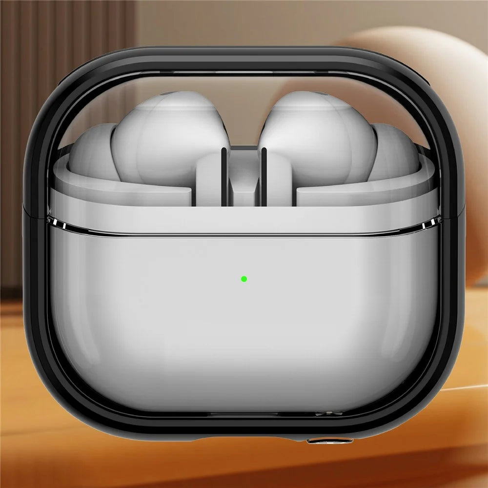 For Samsung Galaxy Buds3 Pro  /  Buds3 Case PC + TPU Bluetooth-compatible Earbud Cover Phone Stand with Carabiner - Transparent Black - 1