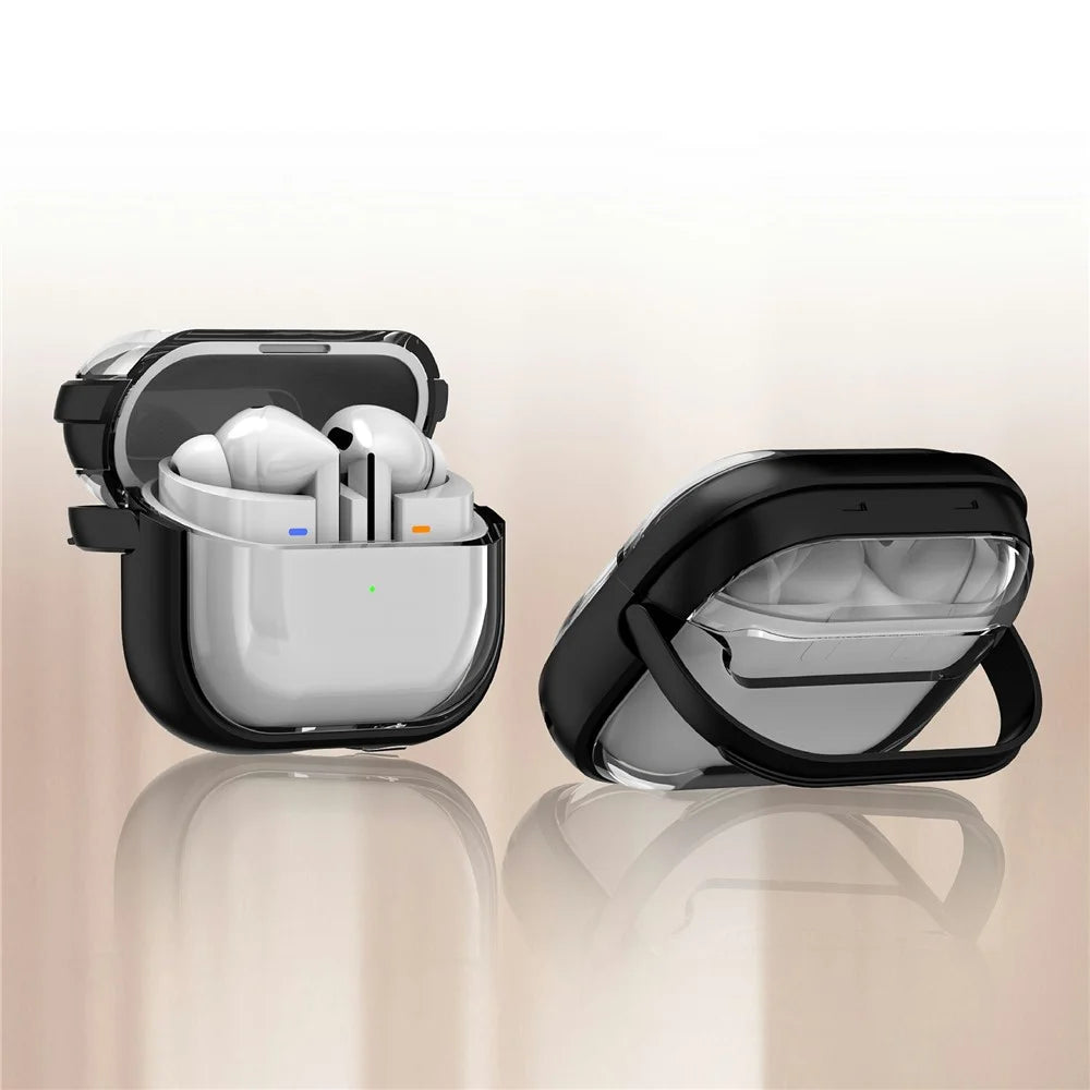 For Samsung Galaxy Buds3 Pro  /  Buds3 Case PC + TPU Bluetooth-compatible Earbud Cover Phone Stand with Carabiner - Transparent Black - 2