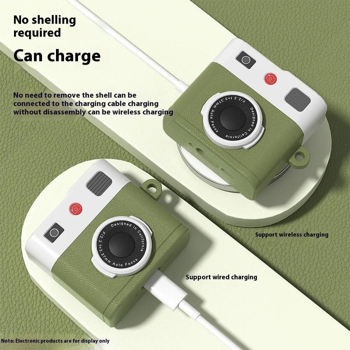 For Apple AirPods 3 Bluetooth-compatible Earphone Case Retro Camera Silicone Protective Cover with Carabiner - Brown - 4