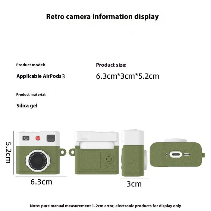 For Apple AirPods 3 Bluetooth-compatible Earphone Case Retro Camera Silicone Protective Cover with Carabiner - Brown - 7