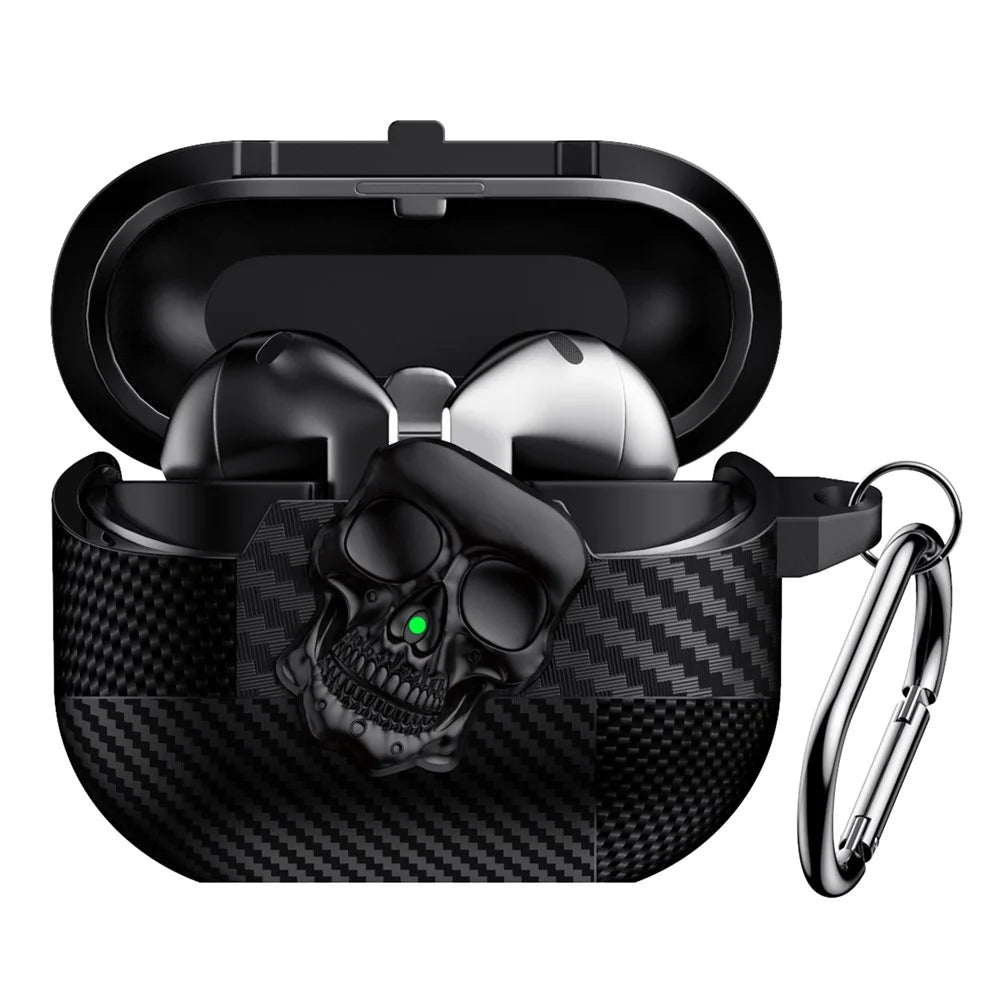 For Samsung Galaxy Buds3 Pro  /  Buds3 Protective Case Skull Design Snap Switch TPU + Metal Earphone Cover with Carabiner - Black - 2