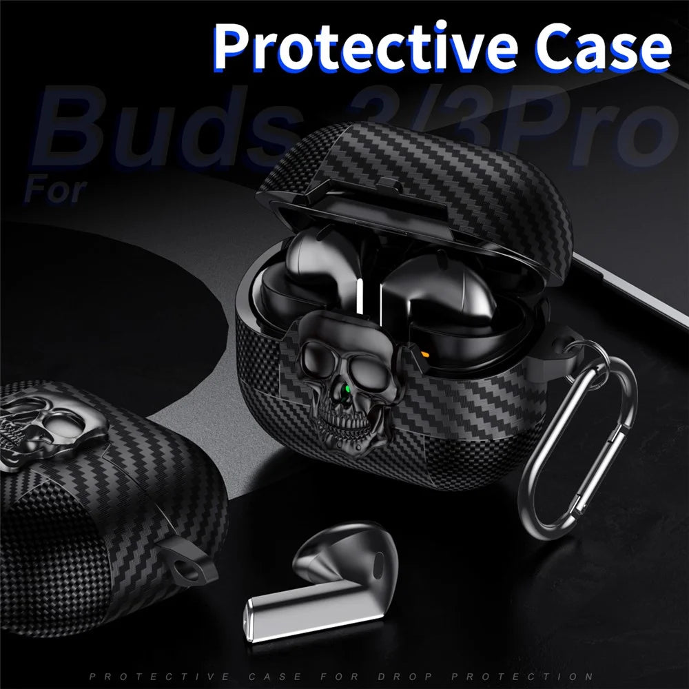For Samsung Galaxy Buds3 Pro  /  Buds3 Protective Case Skull Design Snap Switch TPU + Metal Earphone Cover with Carabiner - Black - 3