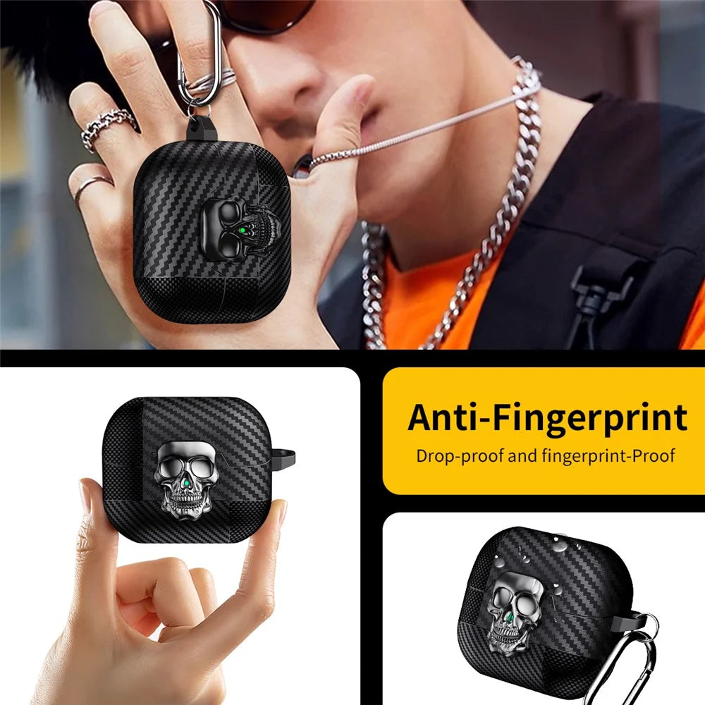 For Samsung Galaxy Buds3 Pro  /  Buds3 Protective Case Skull Design Snap Switch TPU + Metal Earphone Cover with Carabiner - Black - 5