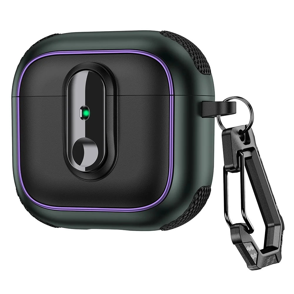 For AirPods 4 Case Armor Electroplated TPU + PC Earphone Cover with Lock Buckle and Carabiner - Black  /  Army Green - 1