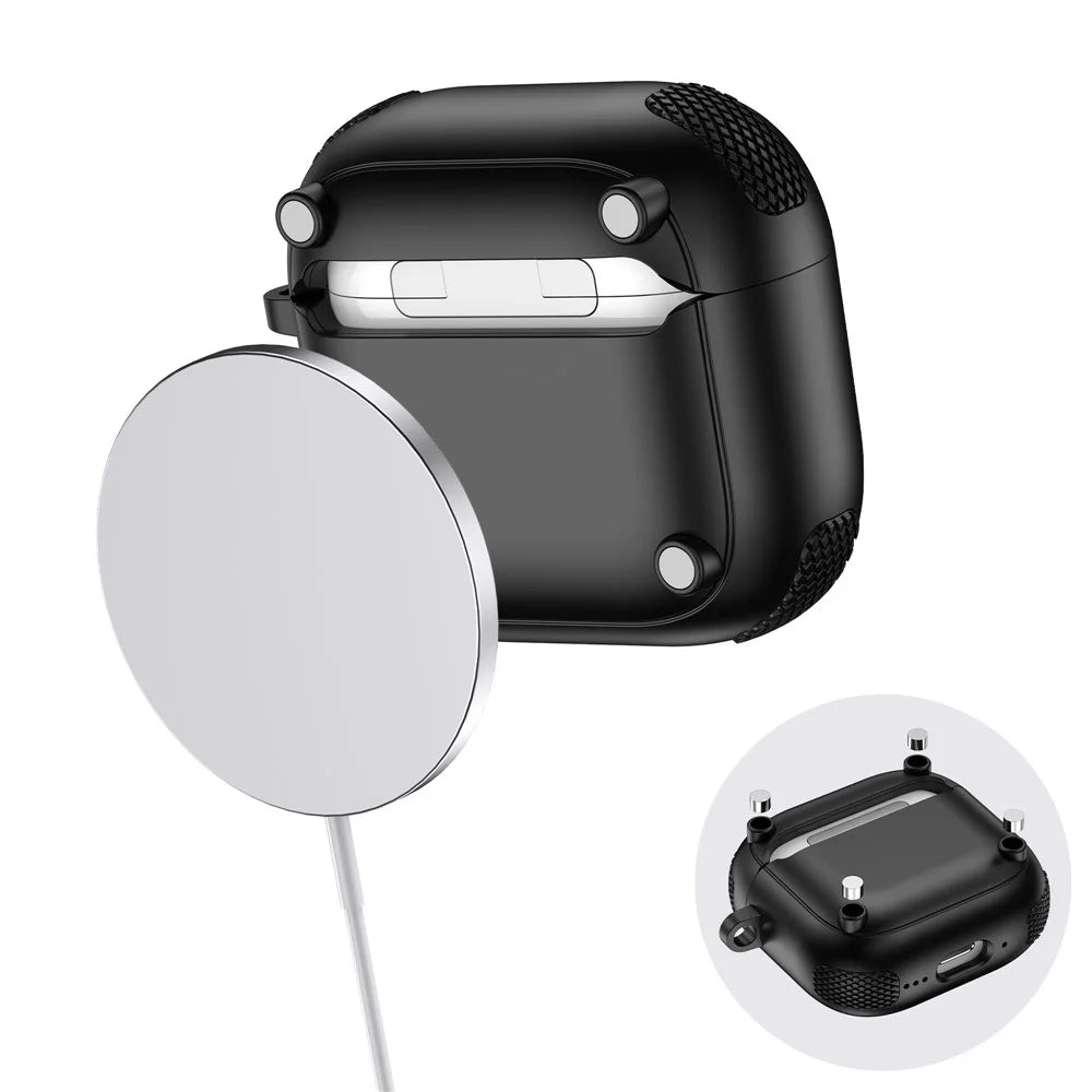 For AirPods 4 Case Armor Electroplated TPU + PC Earphone Cover with Lock Buckle and Carabiner - Black  /  Army Green - 2