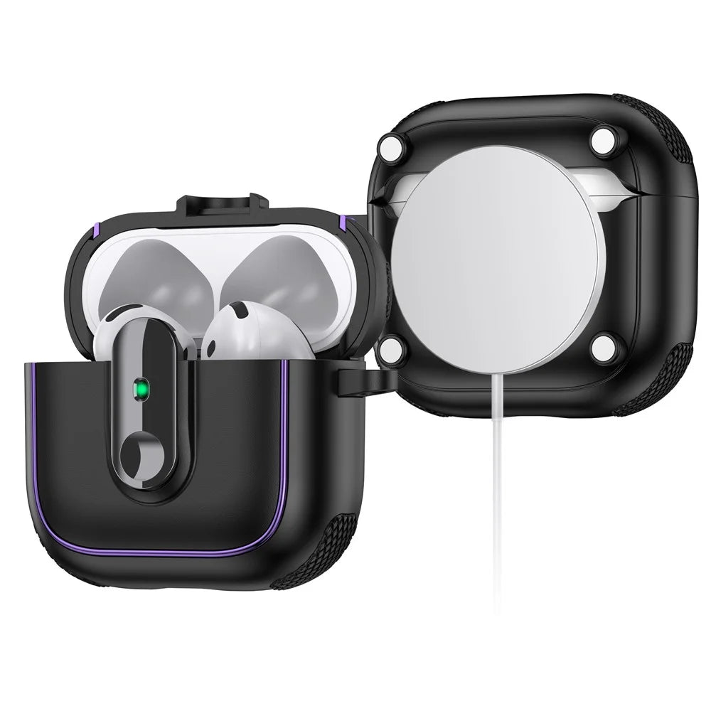 For AirPods 4 Case Armor Electroplated TPU + PC Earphone Cover with Lock Buckle and Carabiner - Black  /  Army Green - 3