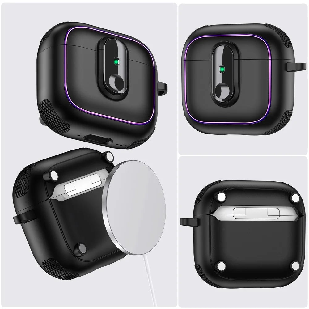 For AirPods 4 Case Armor Electroplated TPU + PC Earphone Cover with Lock Buckle and Carabiner - Black  /  Army Green - 5