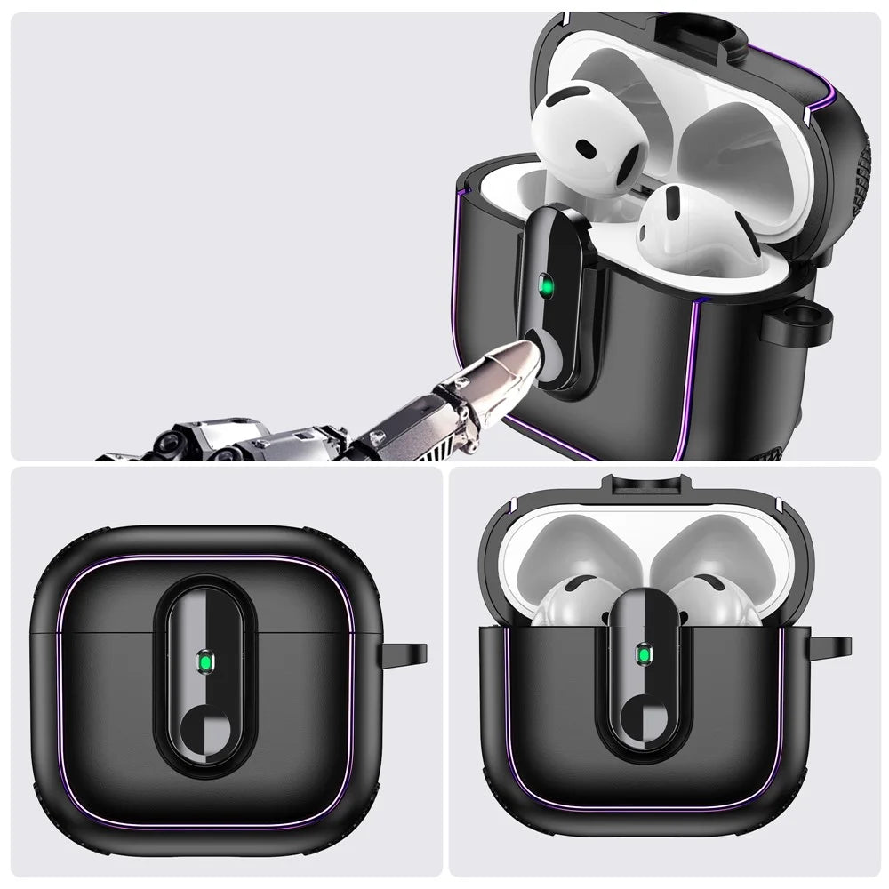 For AirPods 4 Case Armor Electroplated TPU + PC Earphone Cover with Lock Buckle and Carabiner - Black  /  Army Green - 6