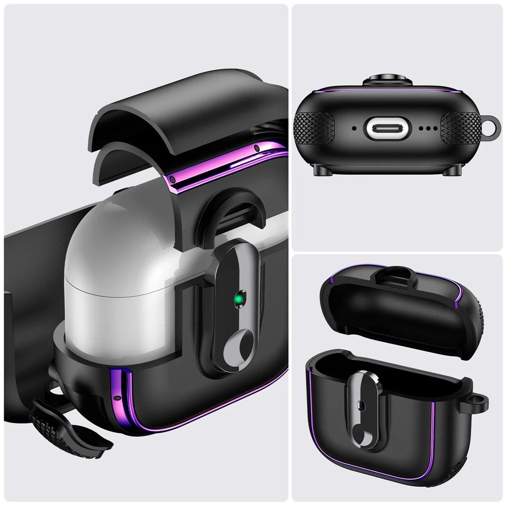 For AirPods 4 Case Armor Electroplated TPU + PC Earphone Cover with Lock Buckle and Carabiner - Black  /  Army Green - 7