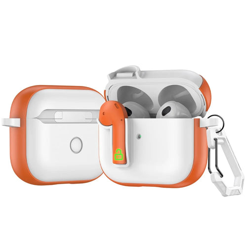 For Apple AirPods 3 Case Colorful Lock Buckle Shockproof TPU + PC Earphone Cover with Carabiner - White  /  Orange - 1