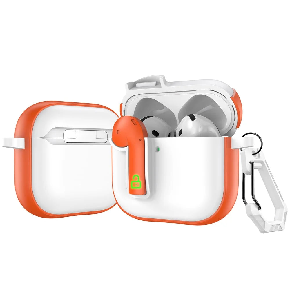 For AirPods 4 Case Colorful Lock Buckle Shockproof TPU + PC Earphone Cover with Carabiner - White  /  Orange - 1