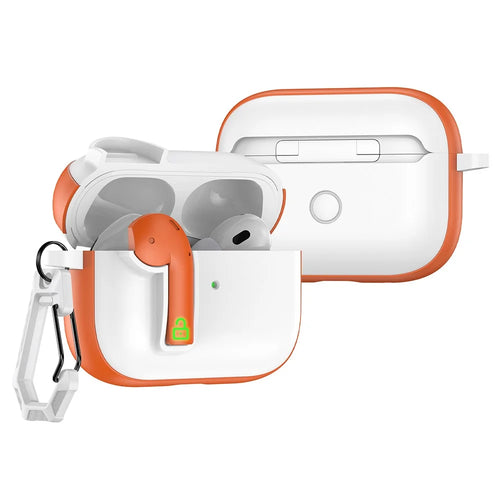 For AirPods Pro 2 Case Colorful Lock Buckle Shockproof TPU + PC Earphone Cover with Carabiner - White  /  Orange - 1
