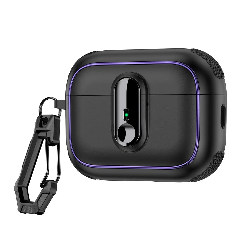 For Apple AirPods Pro Case Armor Electroplated TPU + PC Earphone Cover with Lock Buckle and Carabiner - Black - 1
