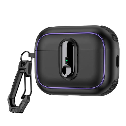 For Apple AirPods Pro Case Armor Electroplated TPU + PC Earphone Cover with Lock Buckle and Carabiner - Black - 1