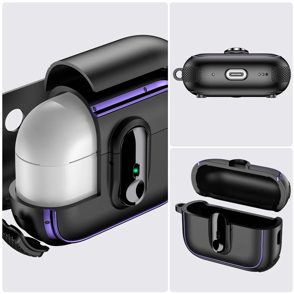 For Apple AirPods Pro Case Armor Electroplated TPU + PC Earphone Cover with Lock Buckle and Carabiner - Black - 7