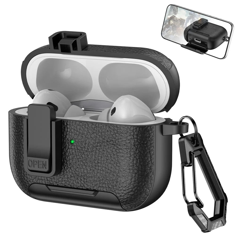 For Apple AirPods Pro Protective Case with Stand Litchi Texture Leather TPU + PC Earphone Cover with Lock Buckle and Carabiner - Black - 1