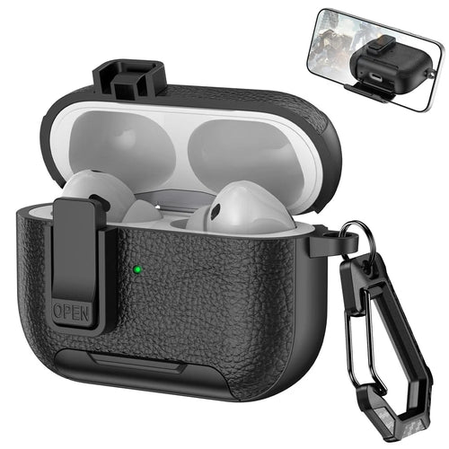 For Apple AirPods Pro Protective Case with Stand Litchi Texture Leather TPU + PC Earphone Cover with Lock Buckle and Carabiner - Black - 1