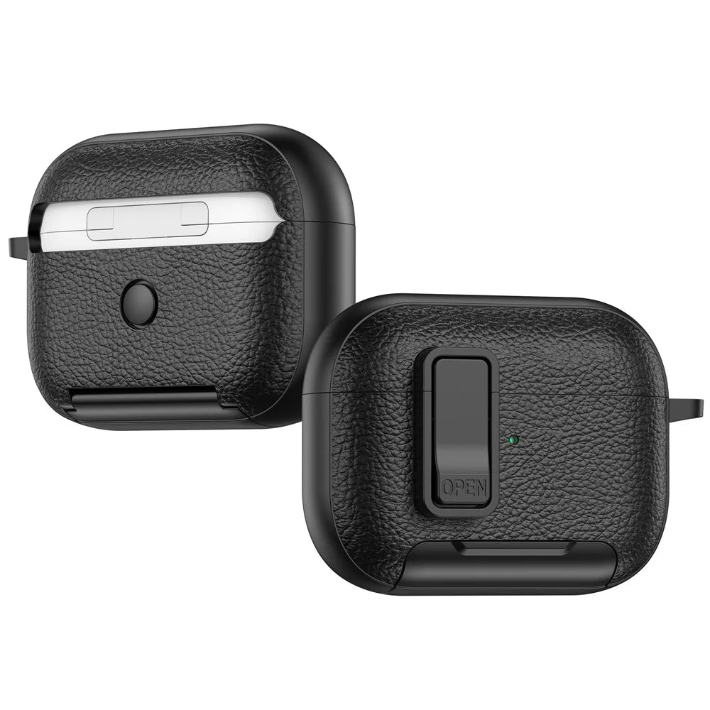 For Apple AirPods Pro Protective Case with Stand Litchi Texture Leather TPU + PC Earphone Cover with Lock Buckle and Carabiner - Black - 2