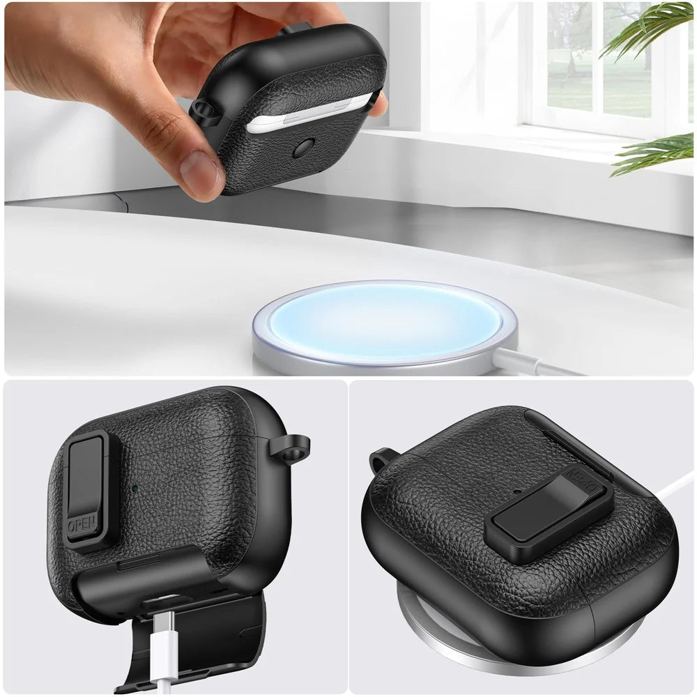 For AirPods Pro 2 Protective Case with Stand Litchi Texture Leather TPU + PC Earphone Cover with Lock Buckle and Carabiner - Black - 4