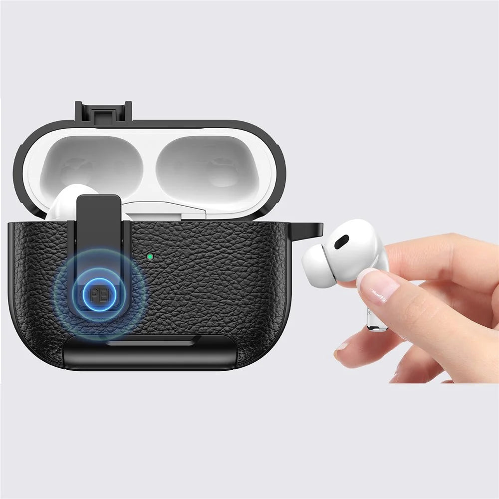 For AirPods Pro 2 Protective Case with Stand Litchi Texture Leather TPU + PC Earphone Cover with Lock Buckle and Carabiner - Black - 5