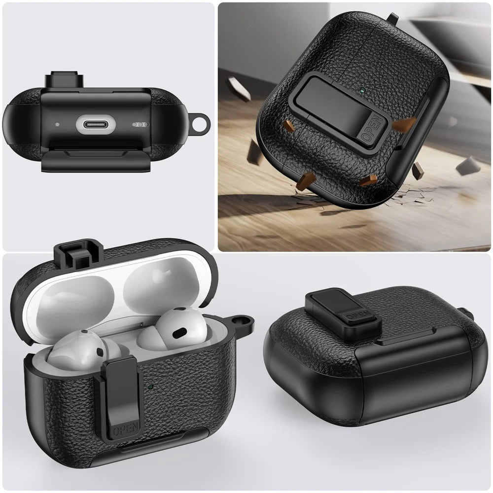 For AirPods Pro 2 Protective Case with Stand Litchi Texture Leather TPU + PC Earphone Cover with Lock Buckle and Carabiner - Black - 6