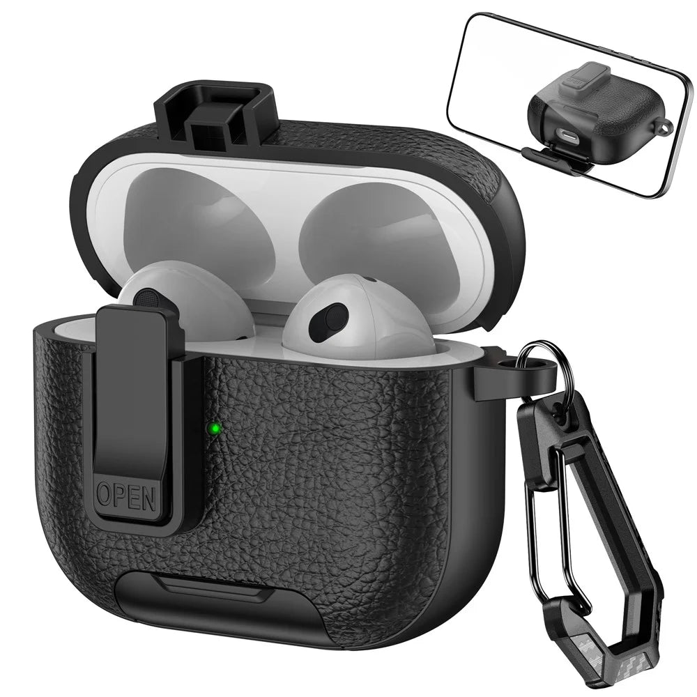 For Apple AirPods 3 Protective Case with Stand Litchi Texture Leather TPU + PC Earphone Cover with Lock Buckle and Carabiner - Black - 1
