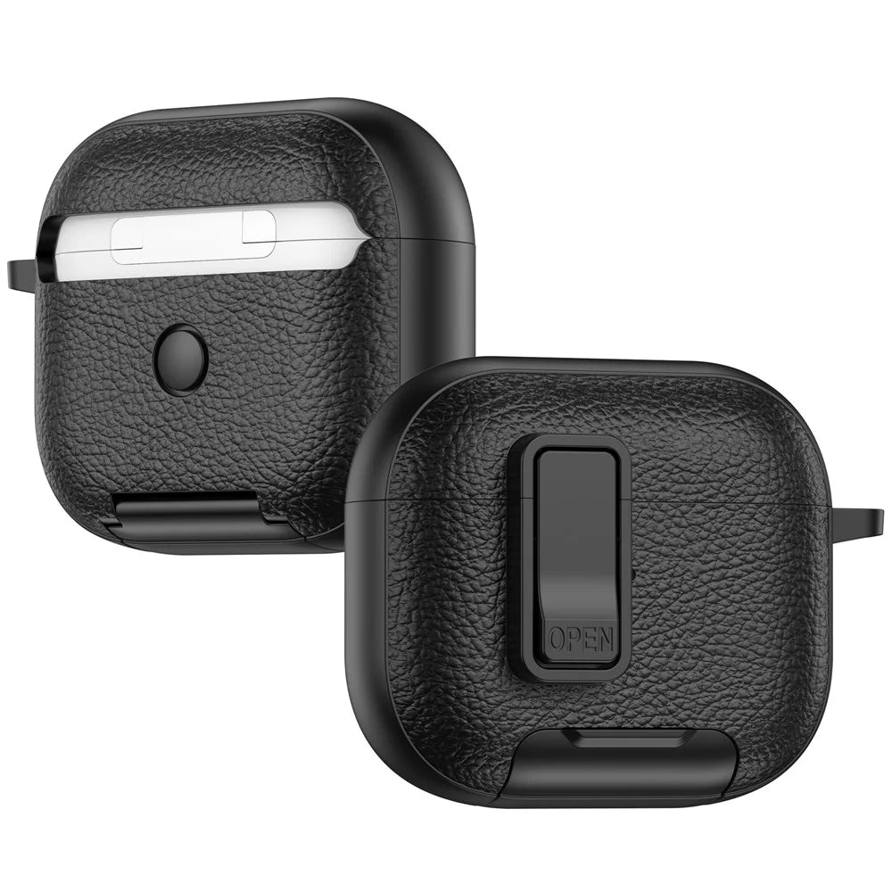 For Apple AirPods 3 Protective Case with Stand Litchi Texture Leather TPU + PC Earphone Cover with Lock Buckle and Carabiner - Black - 2