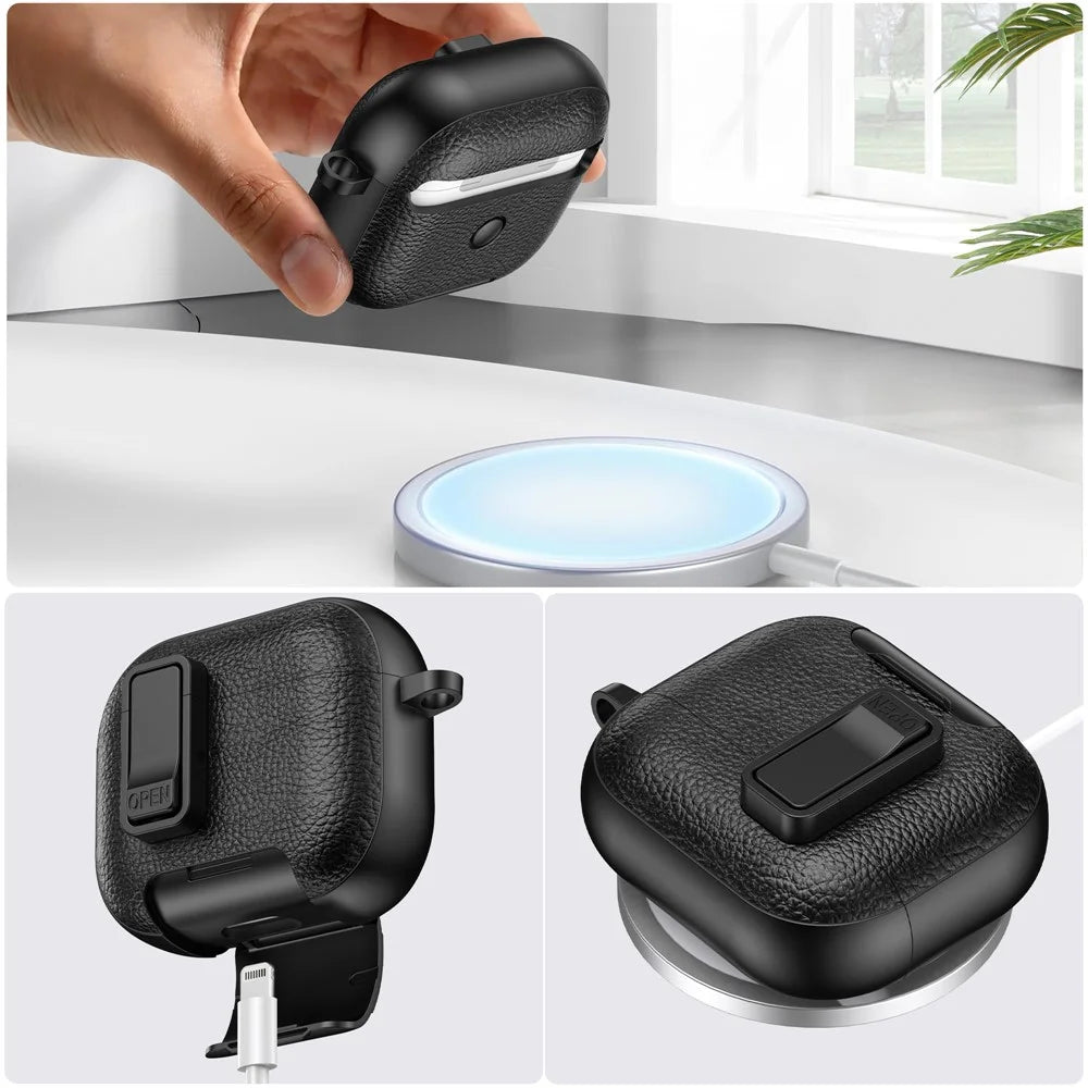 For Apple AirPods 3 Protective Case with Stand Litchi Texture Leather TPU + PC Earphone Cover with Lock Buckle and Carabiner - Black - 4