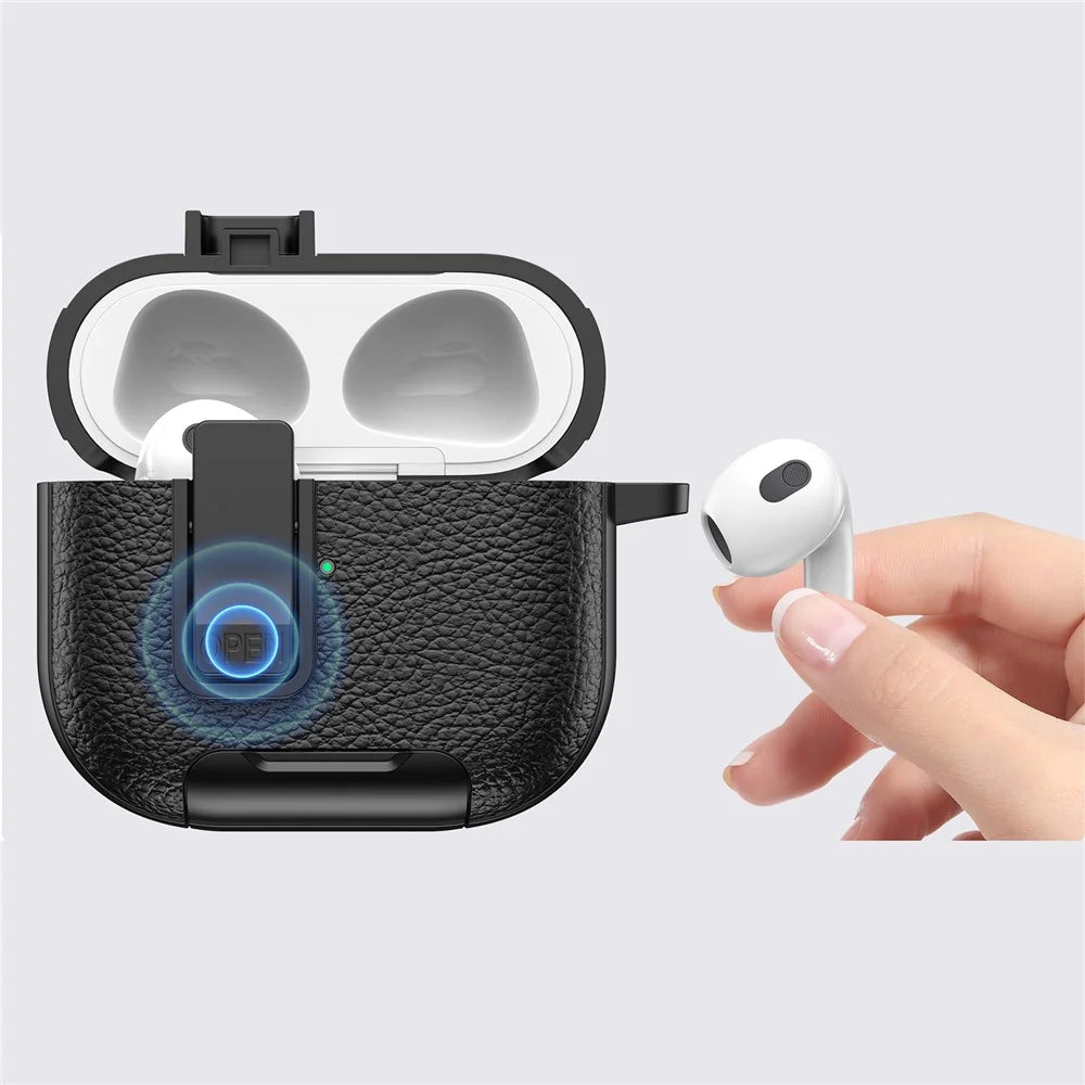 For Apple AirPods 3 Protective Case with Stand Litchi Texture Leather TPU + PC Earphone Cover with Lock Buckle and Carabiner - Black - 5