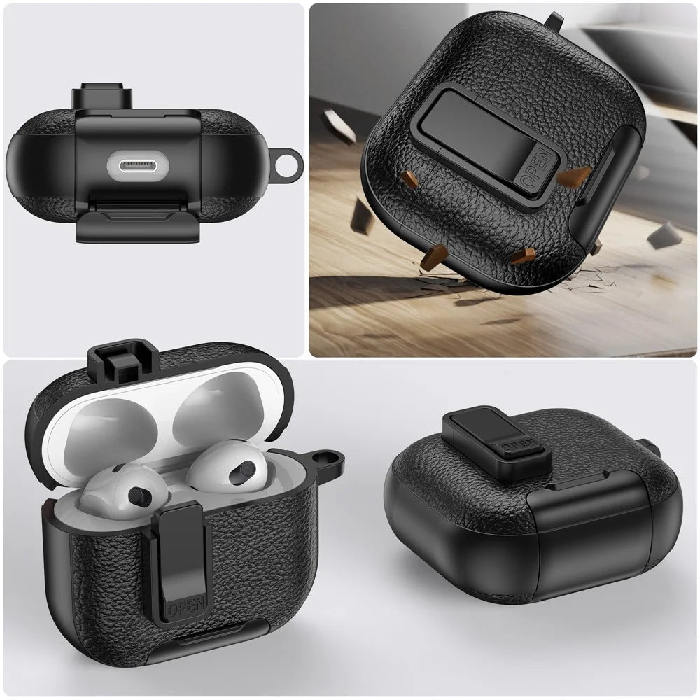 For Apple AirPods 3 Protective Case with Stand Litchi Texture Leather TPU + PC Earphone Cover with Lock Buckle and Carabiner - Black - 6