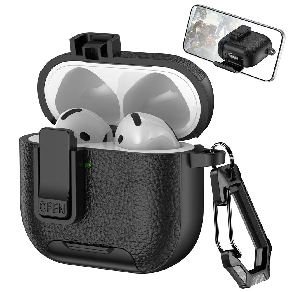 For AirPods 4 Protective Case with Stand Litchi Texture Leather TPU + PC Earphone Cover with Lock Buckle and Carabiner - Black - 1
