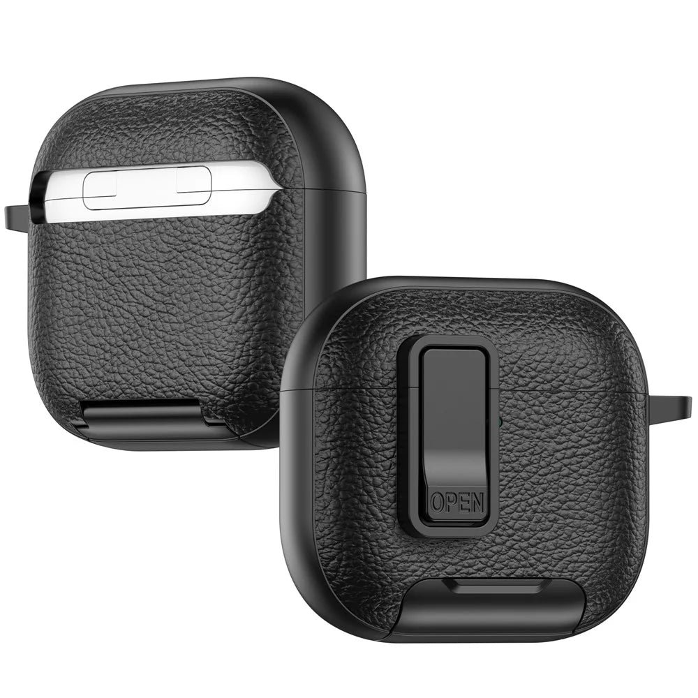 For AirPods 4 Protective Case with Stand Litchi Texture Leather TPU + PC Earphone Cover with Lock Buckle and Carabiner - Black - 2