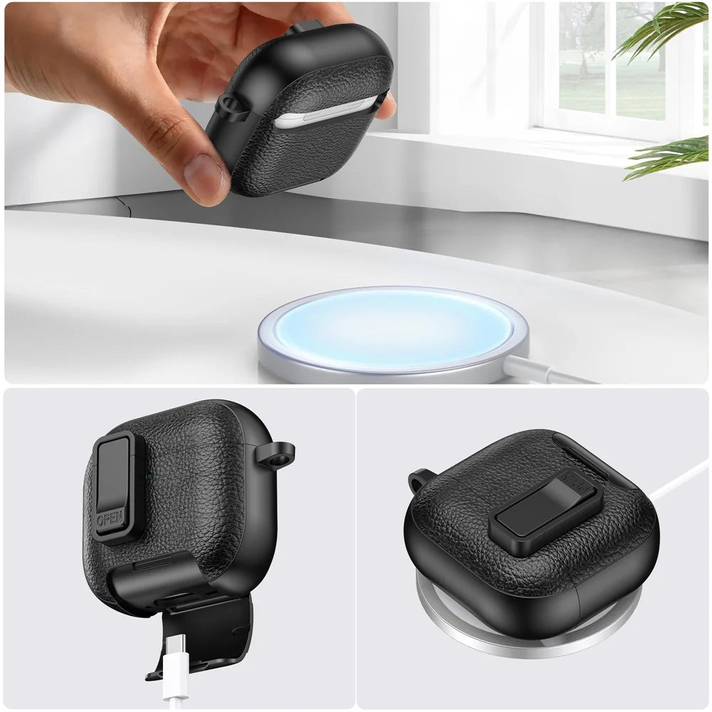 For AirPods 4 Protective Case with Stand Litchi Texture Leather TPU + PC Earphone Cover with Lock Buckle and Carabiner - Black - 4