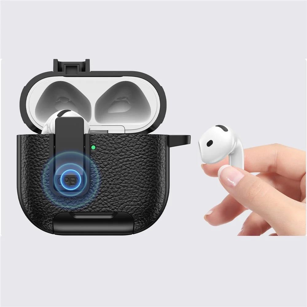 For AirPods 4 Protective Case with Stand Litchi Texture Leather TPU + PC Earphone Cover with Lock Buckle and Carabiner - Black - 5