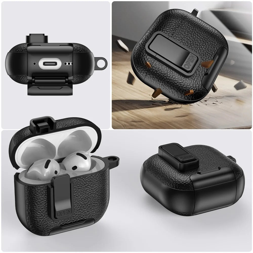 For AirPods 4 Protective Case with Stand Litchi Texture Leather TPU + PC Earphone Cover with Lock Buckle and Carabiner - Black - 6