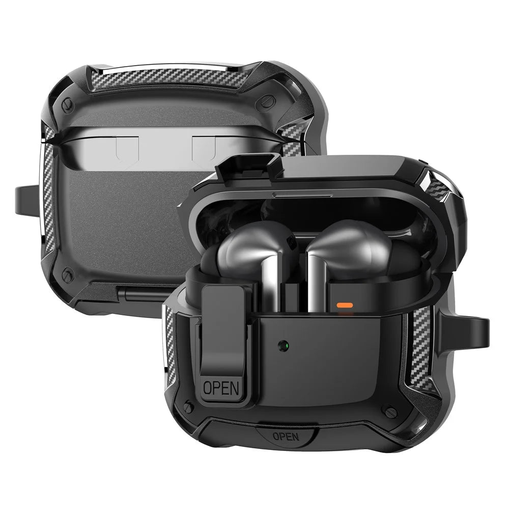 For Samsung Galaxy Buds3 Pro  /  Buds3 Case TPU + PC Earphones Cover with Lock Switch Carabiner Phone Stand - Black - 2